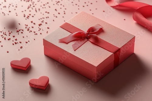 Gift box decorated with red ribbon and hearts on pink background for celebration