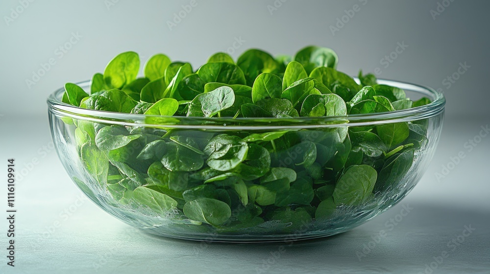 Fresh Brazilian spinach leaves presented in a clear glass bowl on a neutral white backdrop emphasizing vibrant green colors and freshness. Fresh Brazilian spinach leaves presented in a clear glass bowl on a neutral white backdrop emphasizing vibrant green colors and freshness.