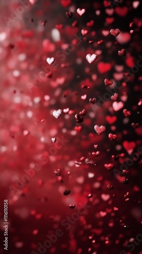 Red glitter hearts suspended in a romantic setting with blurred lights in the...