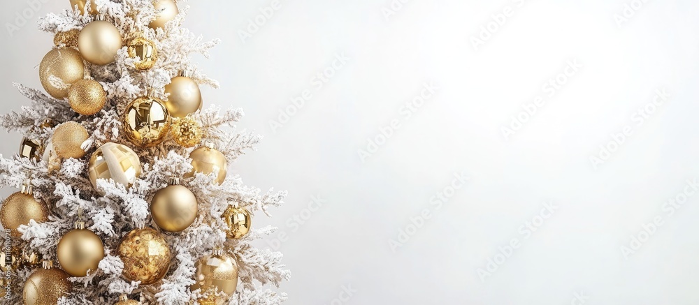 Elegant gold Christmas tree adorned with patchwork ornaments and artificial balls against a clean white backdrop for festive decor themes Elegant gold Christmas tree adorned with patchwork ornaments and artificial balls against a clean white backdrop for festive decor themes
