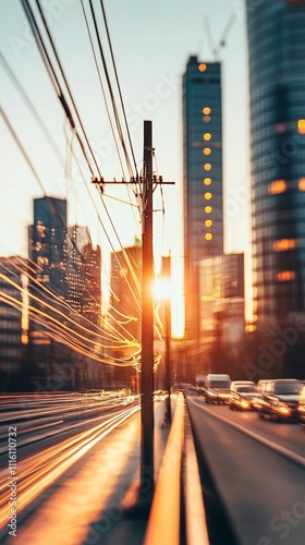 Urban Sunset with Light Trails and Cityscape.