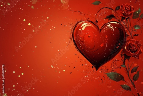 Close up of a vibrant red rose surrounded by a blanket of red petals with dew...