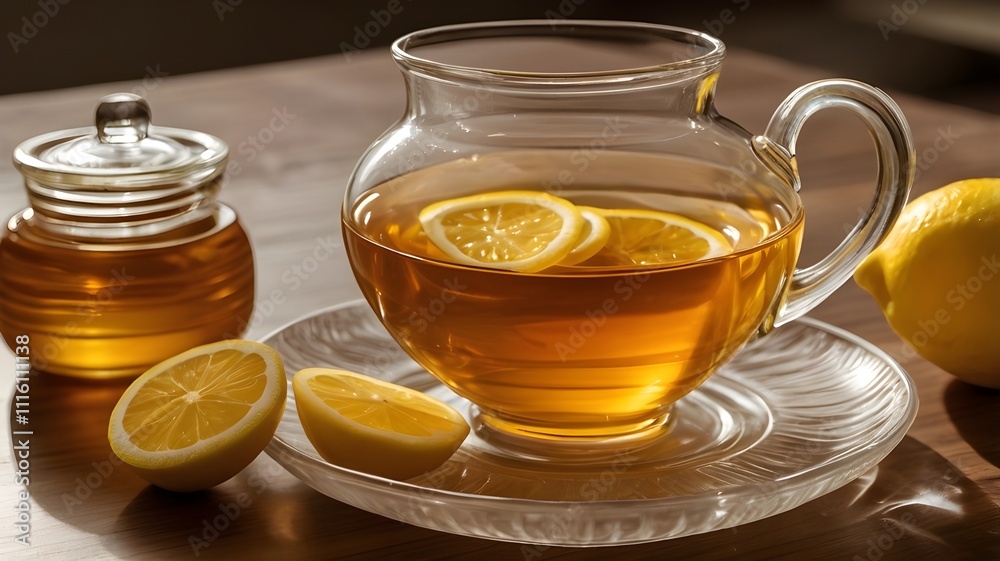  A close-up of a transparent teacup filled with amber-colored tea, with slices of lemon floating inside and a honey jar nearby --ar 3:2 --v 4
