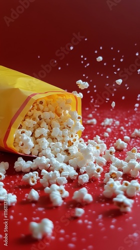 Spilled popcorn spilling from a container on a red surface at a casual setting