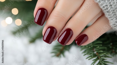 Elegant red nails contrasting with a cozy gray sweater in a softly lit setting
