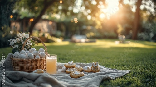 Easter celebration with bunny treats and bright decorations in a sunny park s...