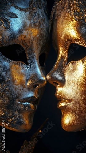Intriguing black and gold masks display detailed artistry against a dark back...
