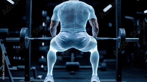A futuristic figure lifts weights, showcasing a wireframe body structure, emphasizing strength, technology, and fitness.