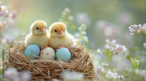 Chicks hatching with colored eggs in a cozy nest surrounded by greenery