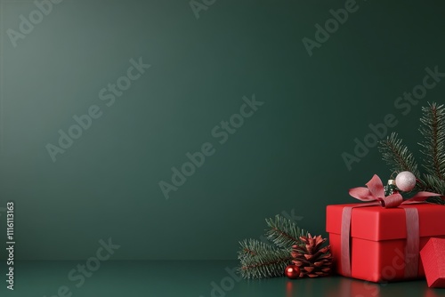 Red holiday presents with bows and pine branches on a dark green background