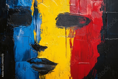 Colorful abstract painting featuring a human face with bold brush strokes and...