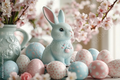Cute white rabbit surrounded by pastel colored eggs and cherry blossoms for s...