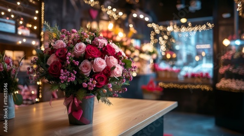 Romantic Flower Arrangement in Cozy Valentine's Day Florist Shop with Elegant Bouquet of Pink and Red Roses