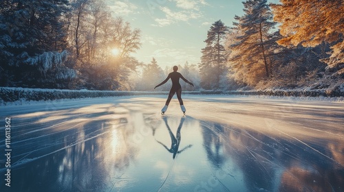 Skater enjoying a winter sunset on a frozen lake in a peaceful park setting