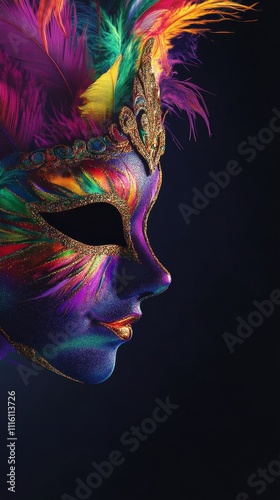 Colorful Mardi Gras mask with vibrant feathers against dark background