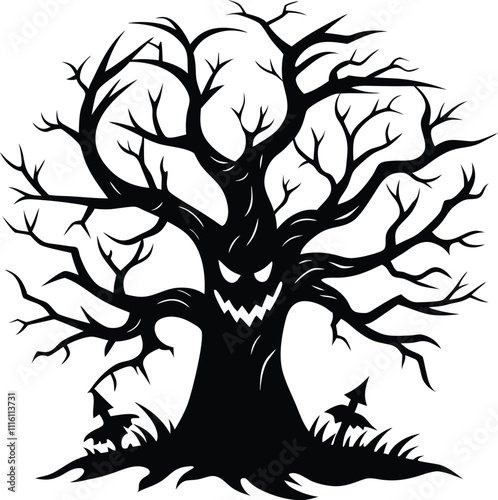 Black Silhouette of an Angry Tree with Twisted Branches on White Background