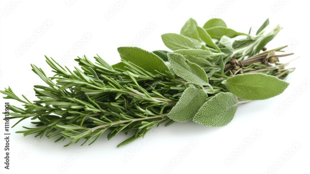 Fresh herbs rosemary and sage arranged on a white background showcasing natural textures and colors for culinary or wellness themes Fresh herbs rosemary and sage arranged on a white background showcasing natural textures and colors for culinary or wellness themes