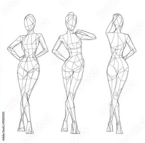 This image showcases three wireframe models in various elegant standing poses, emphasizing geometric and artistic concepts against a minimalistic backdrop.