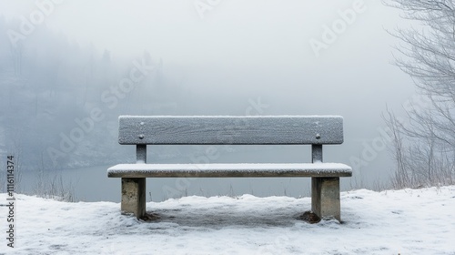 Snow covered bench by the foggy lake in winter landscape