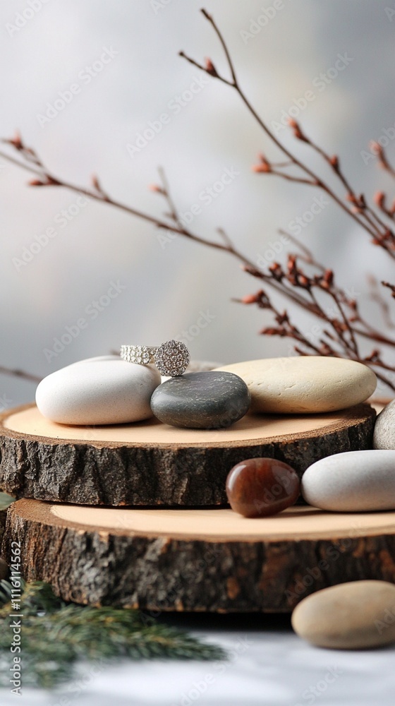caption: Elegant composition of smooth stones and decorative branches, showcasing a ring on rustic wooden slices against a soft background for natural beauty concept. caption: Elegant composition of smooth stones and decorative branches, showcasing a ring on rustic wooden slices against a soft background for natural beauty concept.