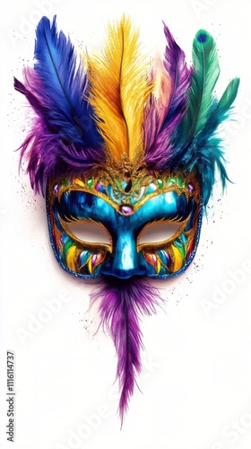 Colorful mask adorned with feathers showcasing intricate designs at a festive...