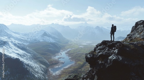 A lone hiker stands atop a rugged cliff, gazing at the vast valleys and majestic mountains that stretch into the horizon. The sun sets, casting a golden glow over the serene landscape