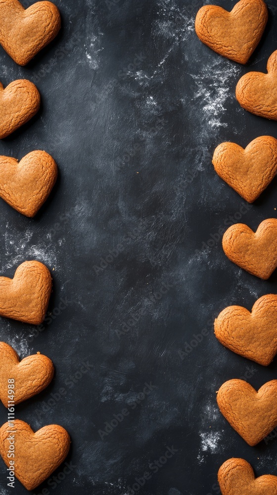 Obraz premium Heart shaped cookies arranged beautifully on dark surface with flour dust
