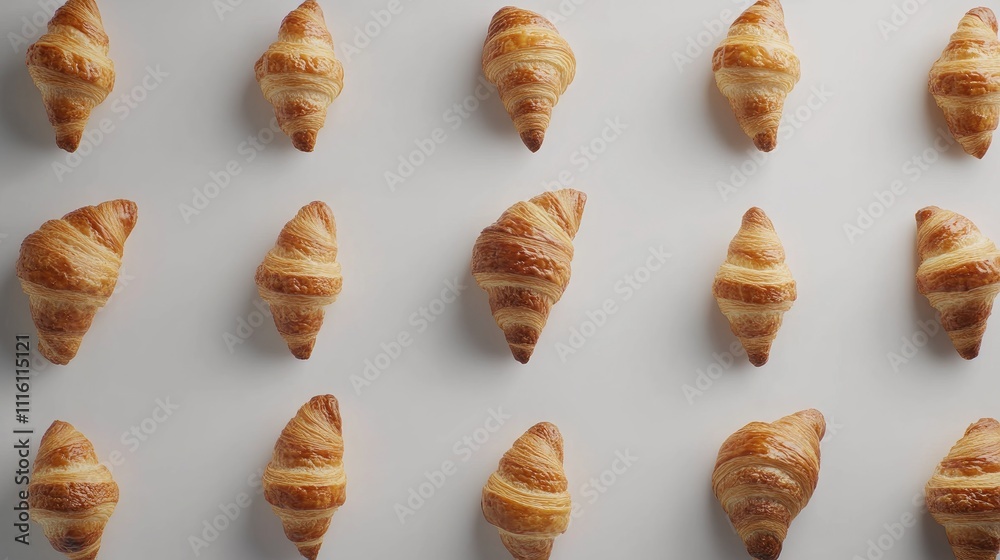 Fototapeta premium Pattern of freshly baked croissants arranged on a light background ideal for culinary or bakery related projects and advertising
