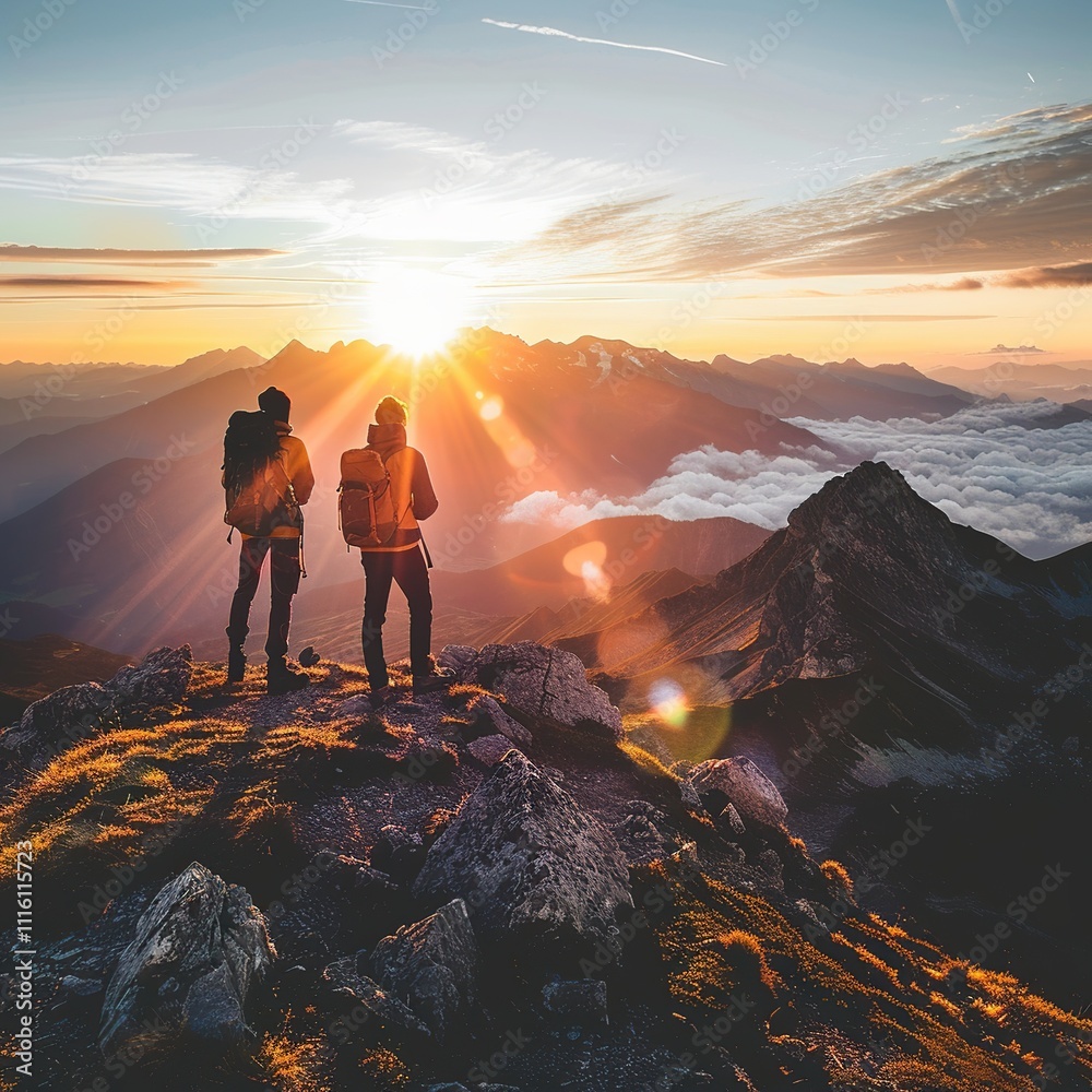 Fototapeta premium Two hikers admire sunrise from mountain peak.