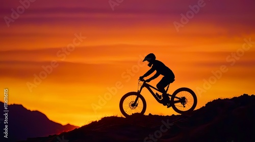 Silhouette of Biker on Mountain Trail at Sunset with Vibrant Sky Colors