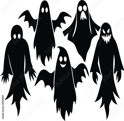 Black Silhouette of a Ghost Set with Haunting Figures on White Background