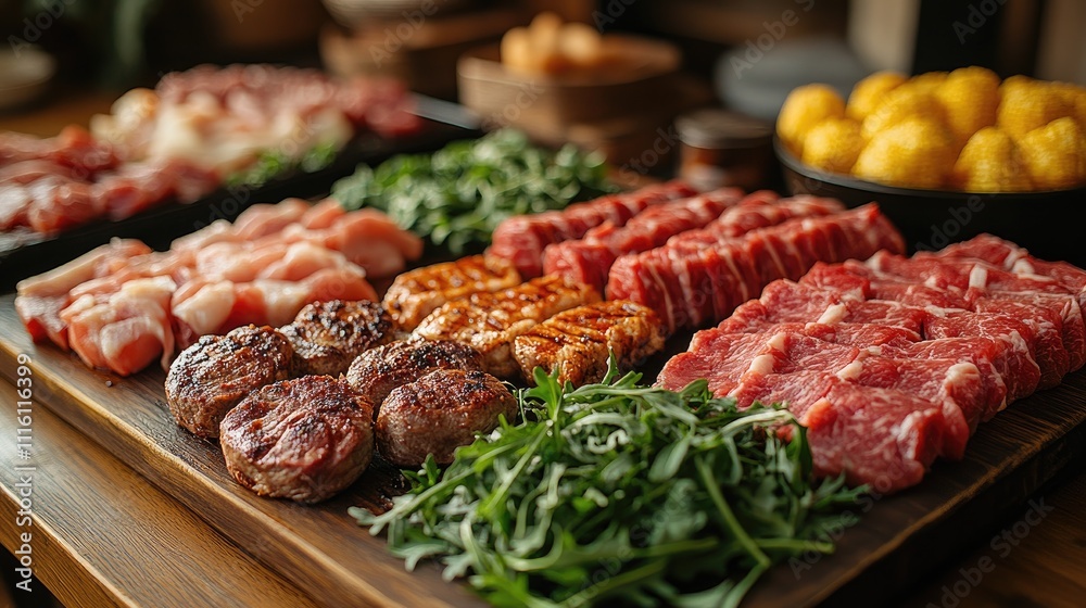 Assorted meats with fresh greens beautifully arranged on a wooden dining table setting for a gourmet meal or gathering.