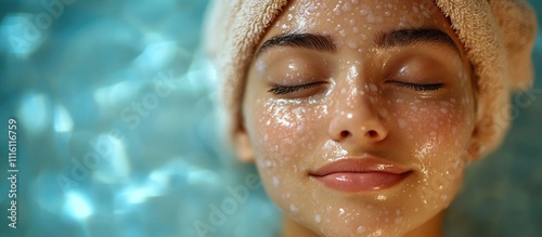 Serene woman enjoying a rejuvenating facial treatment with gentle bubbles at a luxury spa emphasizing relaxation and wellness. photo