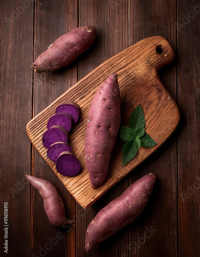Purple Sweet Potato with purple flesh on a wooden cutting board with slices or small pieces beside it