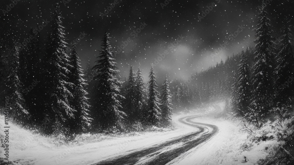 Obraz premium Snowing over road, trees. Generative AI