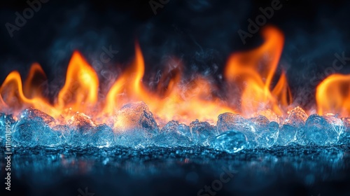 Bright blue flames and glowing embers create an abstract firestorm on a dark background, capturing intense heat and vibrant colors. photo