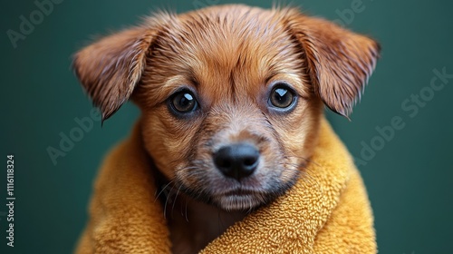 Brown puppy wrapped in towel showcasing cuteness and warmth ideal for pet care and tourism themed projects in studio setting photo