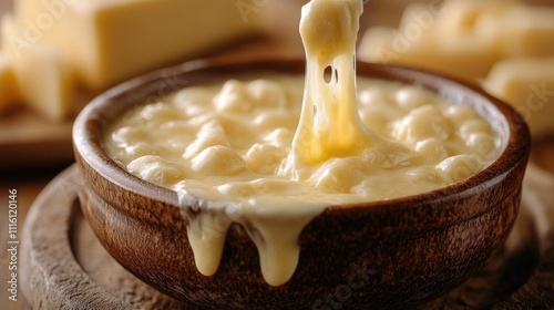 Cheese fondue served in a rustic bowl with melted cheese stringing out against a neutral background