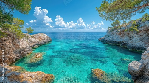 Turquoise coastal waters and white clouds under a clear blue sky creating a serene holiday atmosphere in an idyllic seascape scene photo