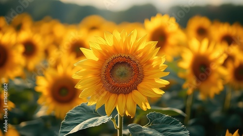 Aerial perspective of vibrant sunflower fields captured by drone showcasing their bright yellow blooms and lush green leaves. photo