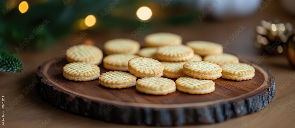 Christmas cookie preparation with uncooked cookies arranged on a rustic wooden platter surrounded by festive decor and warm lights Christmas cookie preparation with uncooked cookies arranged on a rustic wooden platter surrounded by festive decor and warm lights