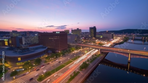 Wallpaper Mural Cityscape at twilight with traffic light trails on a bridge over a river. Torontodigital.ca