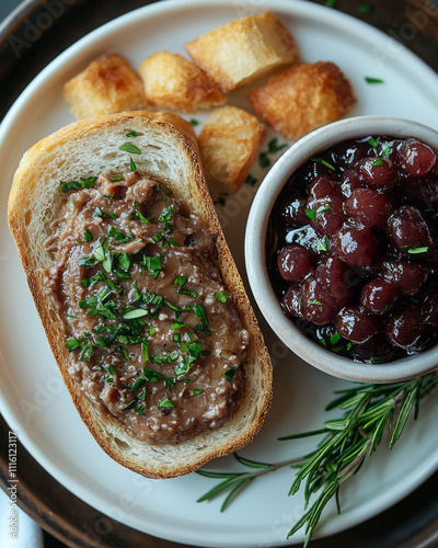 A single slice of crusty baguette with foie gras pÃ¢tÃ© artfully spread, paired with a small dish of fruit compote, styled on a pristine white background for a refined look, photo