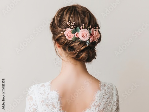 Young bride with a sideswept bun and delicate floral details, isolated, hair young bride, elegant and charming photo