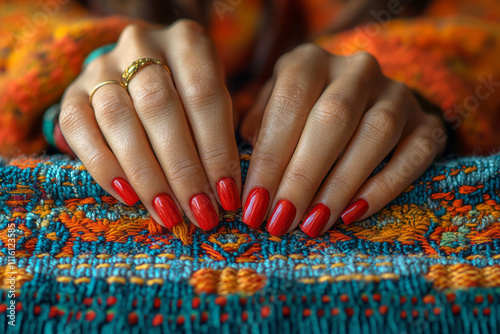 A close-up of a womanâ€™s hands with a glossy red manicure intricately weaving colorful threads into a macrame design, with soft natural light enhancing the textures,