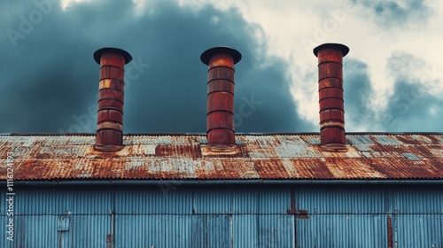 Rusty factory chimneys against cloudy sky showcasing industrial decay and weathered textures on metal roof surface photo