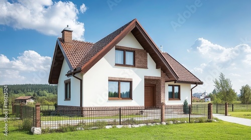 Wallpaper Mural Modern luxury residential house featuring a grid and stone fence surrounded by greenery under a bright blue sky. Torontodigital.ca