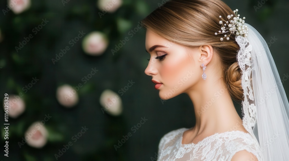 Fototapeta premium Elegant updo for a young bride with a lace veil and pearl hairpins, isolated, hair young bride, charming and bridal