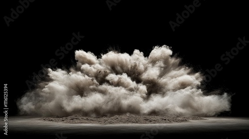 Abstract soil explosion creating a dynamic cloud of dust against a dark background showcasing movement and texture in nature's chaos.