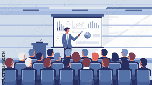 A businessperson giving a presentation to an audience in a modern conference room.